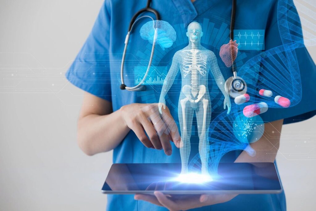 A doctor is holding an interactive tablet with a hologram of the human body.